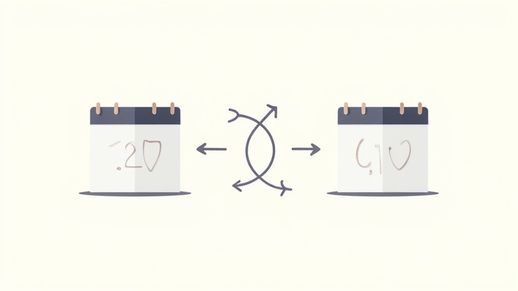 A diagram showing two-way arrows connecting the iCal and Google Calendar logos, signifying a seamless sync.