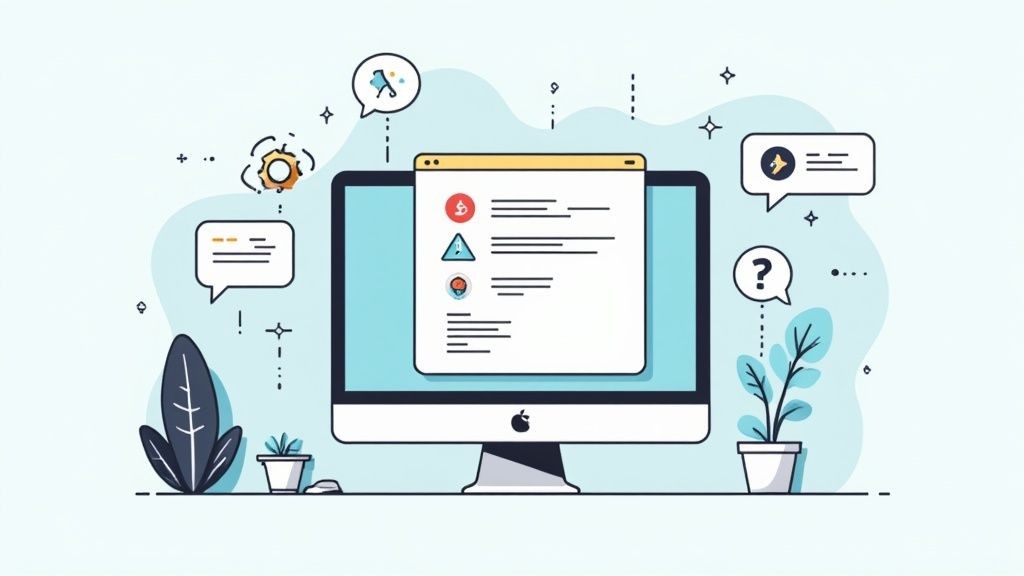 An image showing a person engaging with a webinar on a laptop, with interactive icons like polls, Q&A, and chat bubbles floating around the screen, illustrating engagement.