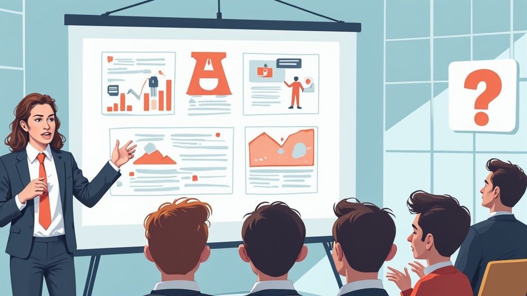 A person presenting a slide deck to an engaged audience, illustrating compelling webinar content.