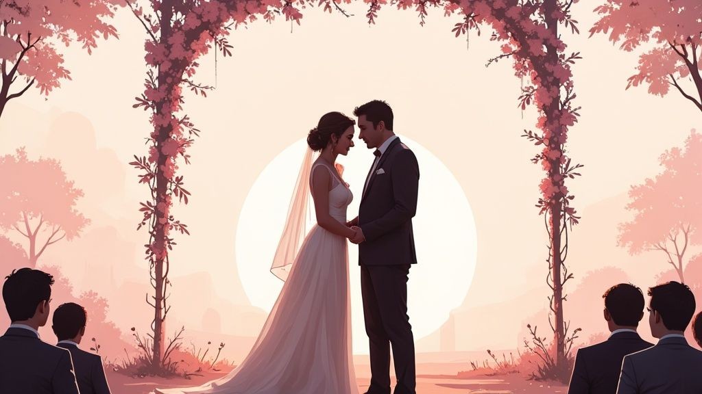 A romantic wedding invitation suite with calligraphy, wax seals, and flowers, set against a soft, elegant background.