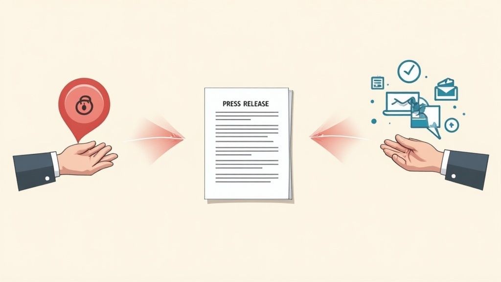 A person sending an event press release from their laptop to a network of journalists and media outlets.