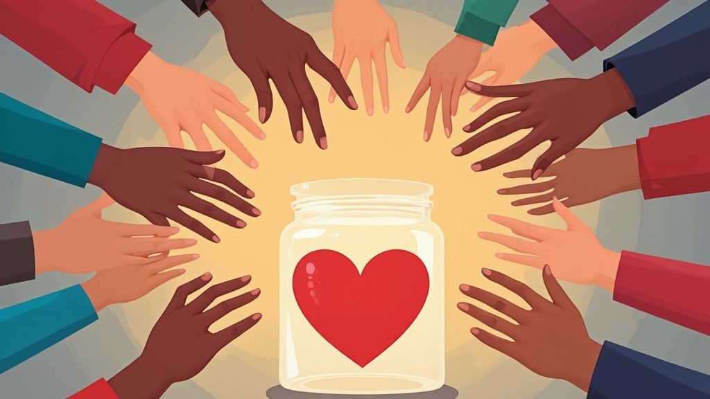 An infographic titled 'Charity Event Essentials' featuring three key elements: an icon of a heart with a person inside labeled 'Personal Story', an icon of a money bag with a plus sign labeled 'Impact Metrics', and an icon of a hand giving a heart labeled 'Call to Action'.