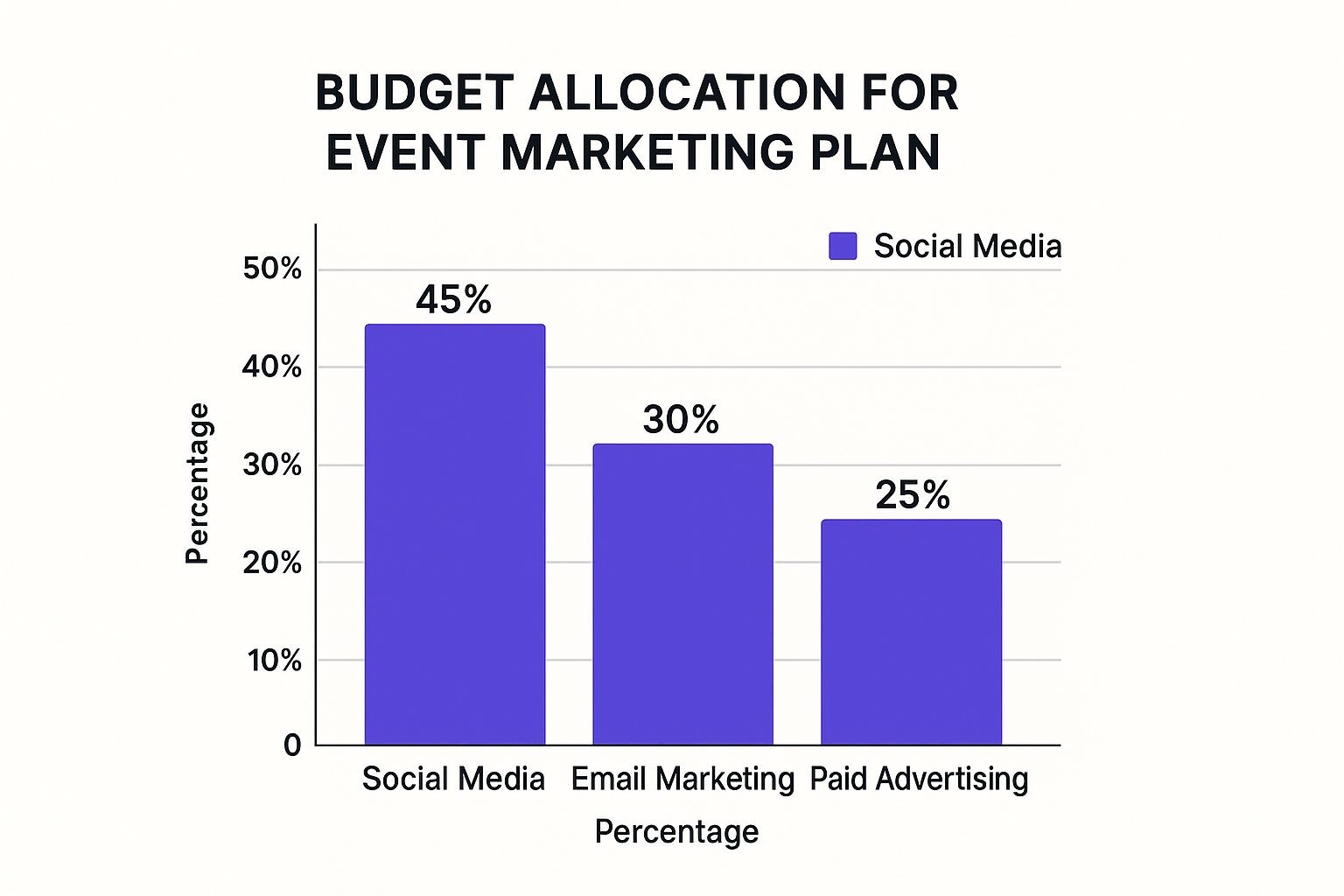 Infographic showing budget allocation for an event marketing plan: Social Media 45%, Email Marketing 30%, and Paid Advertising 25%.