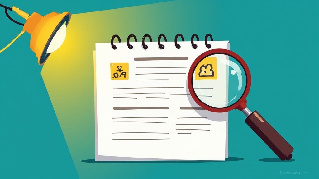 A magnifying glass hovering over a calendar, symbolizing the search for a newsworthy angle for an event.