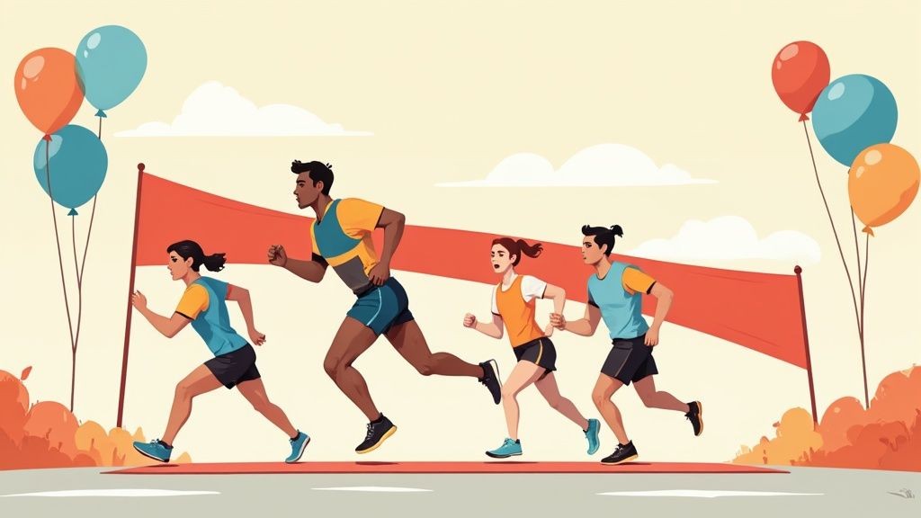 A large group of people participating in a fun run event, smiling and running together.