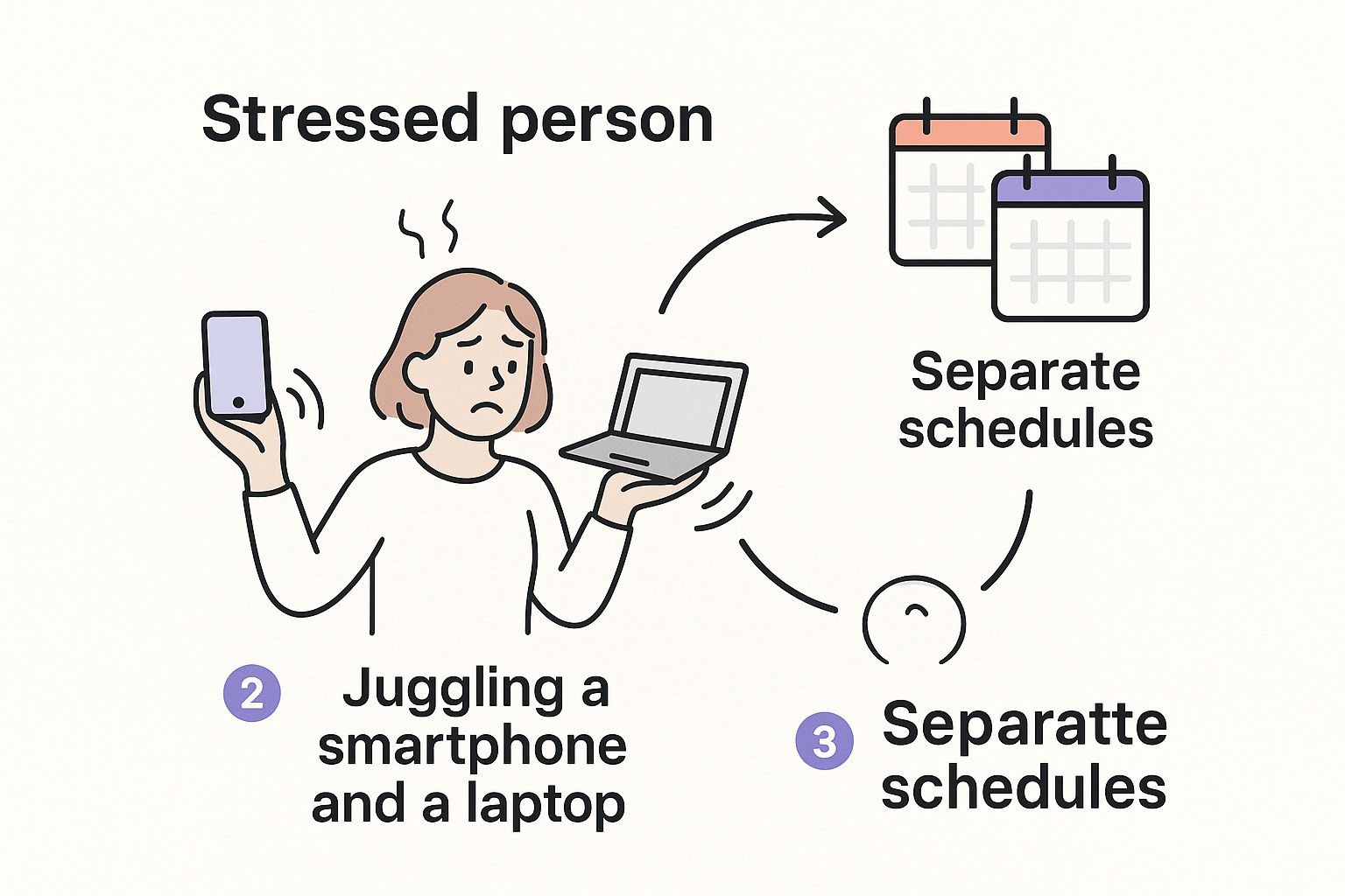 An illustration of a stressed person juggling a smartphone and a laptop, with separate Google and Apple calendar icons floating above their head.