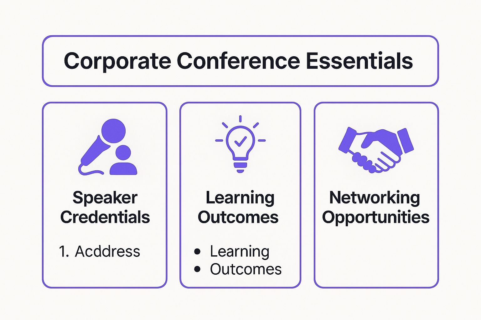 An infographic titled 'Corporate Conference Essentials' showing three key elements: Speaker Credentials with a microphone icon, Learning Outcomes with a lightbulb icon, and Networking Opportunities with a handshake icon.